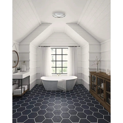 Decorative Chrome Bathroom Exhaust Fan With Lighting 90 CFM 2.5 Sones HVI Certified ETL Listed Premium Glass Shade in elegant bathroom design.