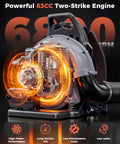 Backpack Leaf Blower, 63cc Gas Powered Beast With 665 CFM Air Flow And 205 MPH Wind, engine close-up highlighting power