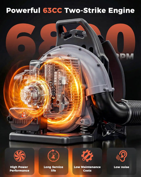 Backpack Leaf Blower, 63cc Gas Powered Beast With 665 CFM Air Flow And 205 MPH Wind, engine close-up highlighting power
