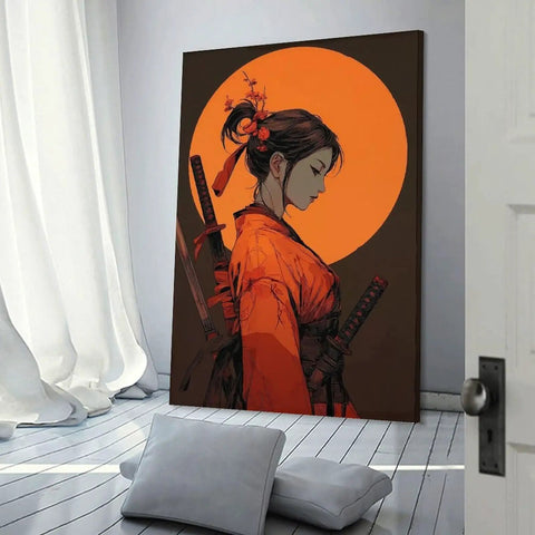 Anime Samurai Girl Sunset Canvas Wall Art Prints Fade Resistant Classical Home Decor For Bedroom Bathroom Living Room Office 12x18 Inch side view with swords