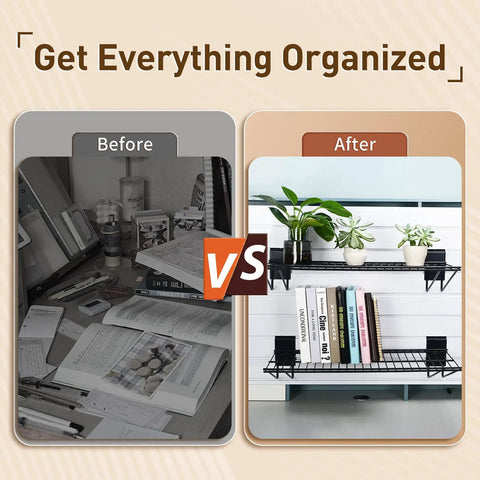 Before and after image showing cluttered desk transformed into organized space with 24 Inch Slatwall Shelf Set Two Pack Heavy Duty Garage Storage Wire Shelves With Durable Powder Coat Finish For Storing Bulkier Tools And Equipment For Heavy Duty Organization And Easy Access