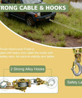 Beefy 4400 Lb Come Along Winch Heavy Duty Hand Cable Hoist With Double Safety Lock Hooks, shown pulling a vehicle