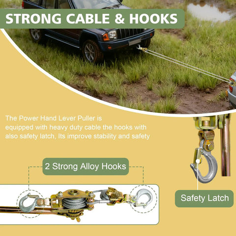 Beefy 4400 Lb Come Along Winch Heavy Duty Hand Cable Hoist With Double Safety Lock Hooks, shown pulling a vehicle
