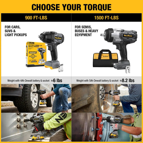 One Half Inch Cordless Impact Wrench Delivers Serious Kick Through A Brushless Motor Pumping Fifteen Hundred Ft Lbs Of Beefy Twist And Three Fast Modes Built As A Bare Tool To Snap Onto Dewalt Twenty Volt Max Batteries For No Drama Builds Or Pro Job Sites, showcasing torque options for various vehicles.