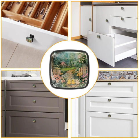 Four Pack Square Cabinet Knobs For Kitchen And Bath Spring Flowers Chicks Fence Style Easy Install Drawer Pulls in kitchen and bath settings