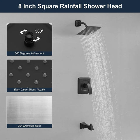 Heavy Duty Matte Black Tub Shower Faucet Set With Constant Temperature Valve And 8 Inch Adjustable Rain Shower Head Built Tight To Run Slick Under Low Water For A Smooth Spa Like Bath Upgrade Any Day