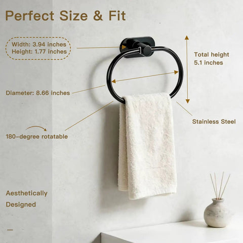 Self Adhesive Towel Ring Matte Black Stainless Steel Rustproof Wall Mounted Bathroom Towel Holder SUS 304 Durable