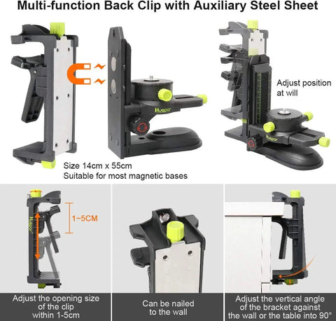 Fine-Tuning Bracket Laser Level Adapter with magnetic pivoting base and adjustable clip, showcasing multi-function back clip