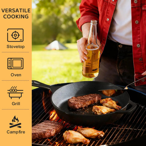 Cast Iron Skillet Set 6 Inch 8 Inch 10 Inch Pre Seasoned Ready To Use Nonstick Naturally Oil Coated Heavy Duty Pro Restaurant Quality For Indoor Outdoor Oven Grill Use Fry Saute Cookware Built To Last Boss Level Home Chefs on grill with meat