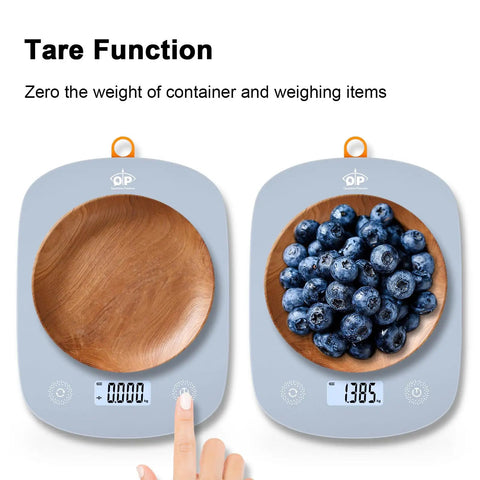 Ultra Slim Digital Kitchen Scale With 1G Precision And 11Lb Capacity showing tare function with empty and filled bowl
