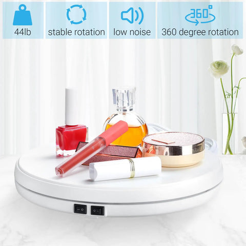 Tuanse 10 Inch Electric Motorized Rotating Turntable Cup Display Stand With Led Light, 360 Degree Product Showcase For Shop Jewelry Photography Video, White, showing cosmetics and perfume.