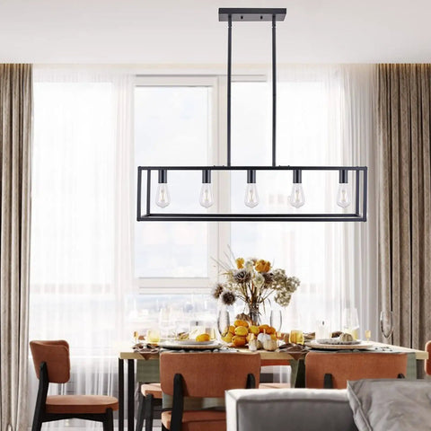 Farmhouse Rectangle Chandelier With Adjustable Height Matte Black 5 Light Industrial Pendant Lighting over dining table