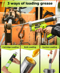 Cordless 12000 PSI Electric Grease Gun Kit With Dual 2.0Ah Batteries, showing three grease loading options, used on machinery