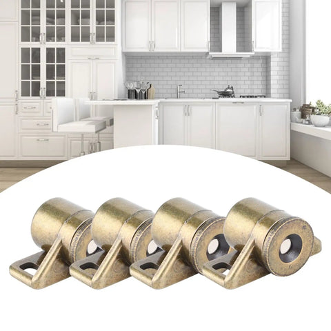 Vintage Magnetic Door Catch Set 4 Pieces Zinc Alloy Hardware in front of white kitchen cabinets