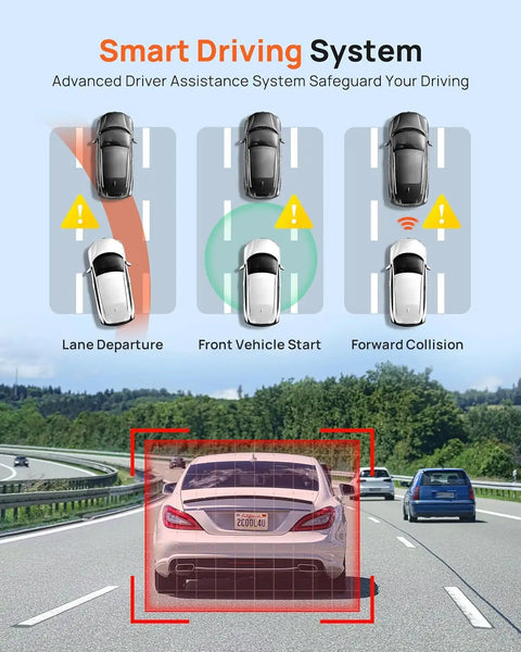 Smart Driving System functions with 2.7K Front Dash Cam With Optional Rear Camera For Cars Featuring Sony IMX335 Sensor, Built In WiFi And GPS, ADAS.