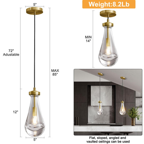 Brass Raindrop Pendant Light Fixture For Kitchen Island And Dining Room, Glass Drop Chandelier, E12 LED Bulb Included, weight 8.2lb
