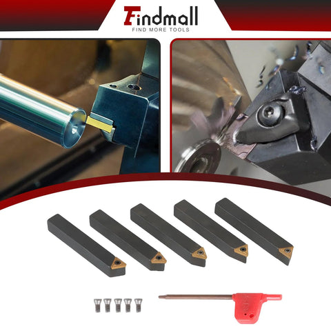 Findmall 5pc 3/8in carbide lathe turning tool holder set with TCMT110204 inserts and red T-handle (front view).