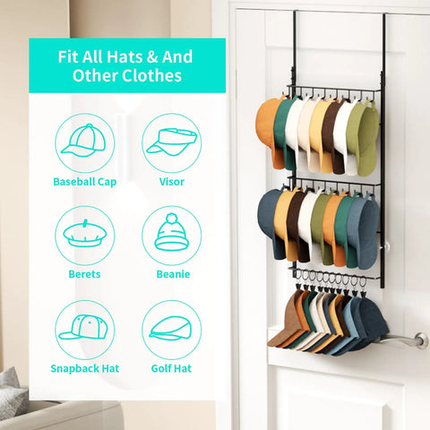 Over Door Hat Rack 3 Tier Wall Mount With 16 Hooks And 10 Movable Clips Keeps Your Cap Collection Sorted Solid Heavy Duty Setup Holds 26 Baseball Hats Zero Hustle Organization Smart Storage Solution For Bedroom Closet Pro Move