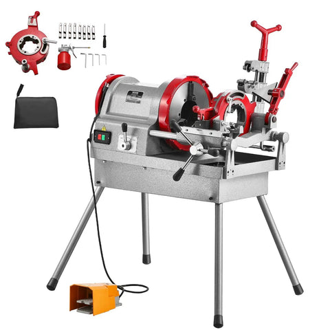 Top Tier 900W Electric Pipe Threader Machine With Foot Pedal For Nailing Smooth Half To Four Inch Cuts And Deburring Plumbing Jobs Made Dead Simple Heavy Duty Shop Essential Gear, featuring red and silver design.