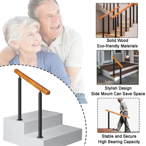 Easy Setup Top Shelf Adjustable Wooden Stair Railing For Decks And Patios Floor Mount Indoor Outdoor handrail on two-step stairs.