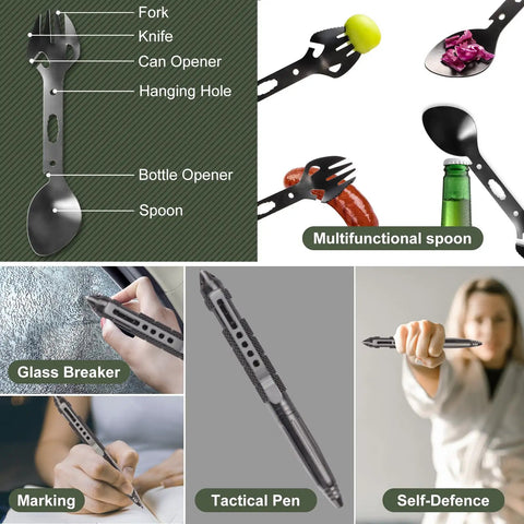 20 In 1 Adventure Survival Kit multifunctional spork and tactical pen for camping and hiking, featuring eating and self-defense tools.