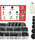 63 Piece Rubber Grommet Kit For Drill Holes And Firewall Wiring Protection With Six Sizes displayed in a case with cutter