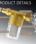 Top Notch 40 Micron Brass Inline Sediment Filter Keeps Your Water Flowing Smooth With Universal Fit For Washing Machine Shower And Garden Hose Featuring Reusable Anti Clogging Screen And Rust Resistant Body with stainless steel filter and transparent shell.