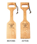 Ultimate Bbq Cleaning Tool Shovel With Hardwood Grill Scraper, before and after use, showing smooth and grooved edges.