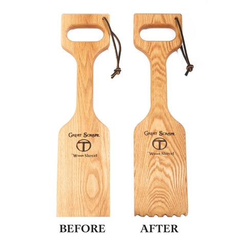Ultimate Bbq Cleaning Tool Shovel With Hardwood Grill Scraper, before and after use, showing smooth and grooved edges.