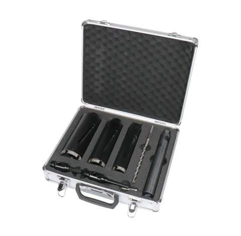Steel Dragon Tools 1.5–2.5 in dry diamond core drill bit kit in metal case with 3 black bits and hex-SDS adapters.