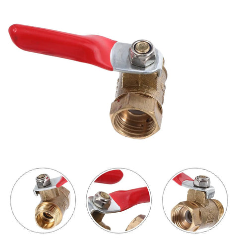 Close-up of a 6 Pack Copper Ball Valves With Male Female Threaded Adapters Quick Connect Shutoff Valve Lever Handle.