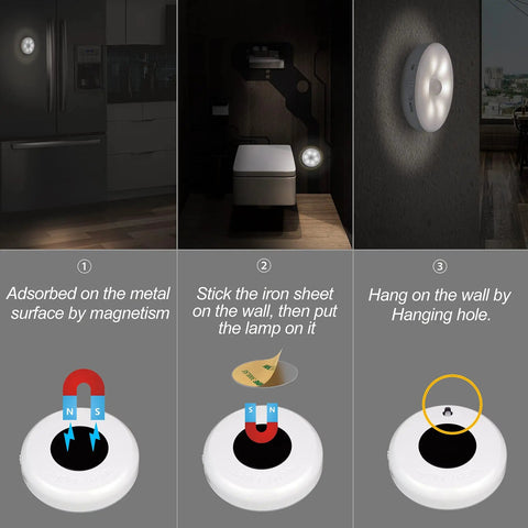 Three Pack Motion Sensor LED Lights Indoor Rechargeable Battery Powered Puck Lights Easy Stick On With 3M Adhesive For Under Cabinet Counter Hallway And Stairs Pure White 6000K mounting options