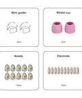 AG60P Plasma Cutter Consumable Kit parts: wire guiders, shield cups, nozzles, electrodes for plasma torch replacement.