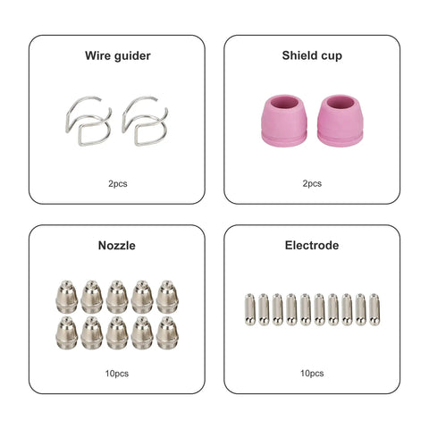 AG60P Plasma Cutter Consumable Kit parts: wire guiders, shield cups, nozzles, electrodes for plasma torch replacement.