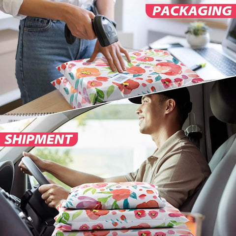 Person scanning Durable 6x9 Floral Poly Mailers 100 Pack For Shipping Waterproof Tear Resistant Mailing Bags Easy Seal Envelopes for shipment