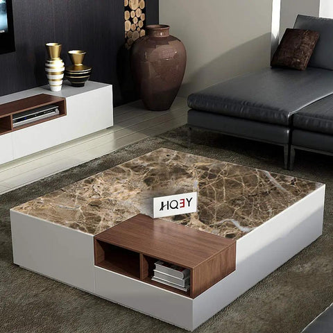 Living room table with peel and stick brown marble contact paper for countertops and shelves, realistic granite look, 16x354 inches.