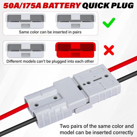 Four Pack 50 Amp Battery Quick Connectors For Anderson Style Connectors Heavy Duty 6 To 12 Gauge Wire Patches For 12V 24V Or 36V Systems No Fuss Plug And Play Install, white connector with red and black wires