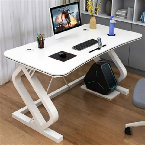 Modern Curved Home Office Desk With Built In Tech Slots And Ample Workspace For Beast Mode Gaming Or Wfh Sessions White 160 Cm Study Table with computer, keyboard, and mouse pad.