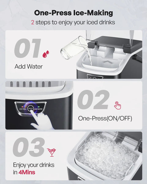 Steps to use Nugget Ice Maker Countertop With Handle Ready In Four Minutes Produces Up To Forty Pounds Per Day Chewable Sonic Ice Self Cleaning Portable Ice Maker With Basket And Scoop For Home Party RV Camping Black