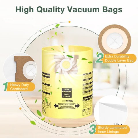 10 Pack 10-14 Gallon Vacuum Bags for Wet Dry Vacuums showing heavy duty cardboard and double layer bag features