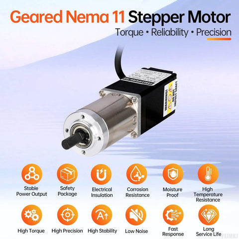 Front view of a geared NEMA 11 stepper motor with integrated planetary gearbox; silver output shaft, black housing.