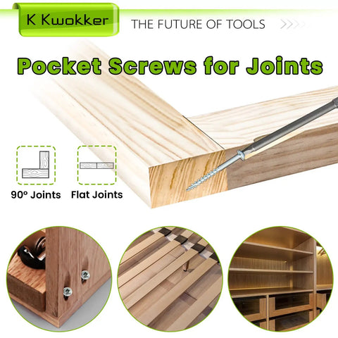 460 Piece Pocket Hole Screws Kit With illustrations of pocket screw joints and woodwork application images.