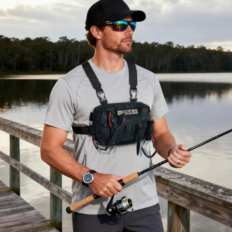 Man fishing wearing a water resistant outdoor chest bag for men with lightweight tactical design, black camo color, on a dock.
