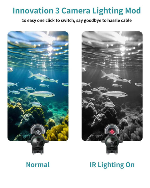 Comparison of underwater fish images; left with normal lighting and right with infrared from Underwater Fishing Camera With Infrared Night Vision, 220 Degree Wide Angle, Portable Fish Finder With 100 Ft Cable, 4.3 Inch LCD, Upgraded HD Lens For Ice, Lake, Boat And Kayak Fishing, See More Catch More