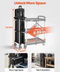 Foldable Utility Service Cart With 3 Shelves Heavy Duty Plastic Rolling Cart Holds 165 Lbs, shown folded with dimensions