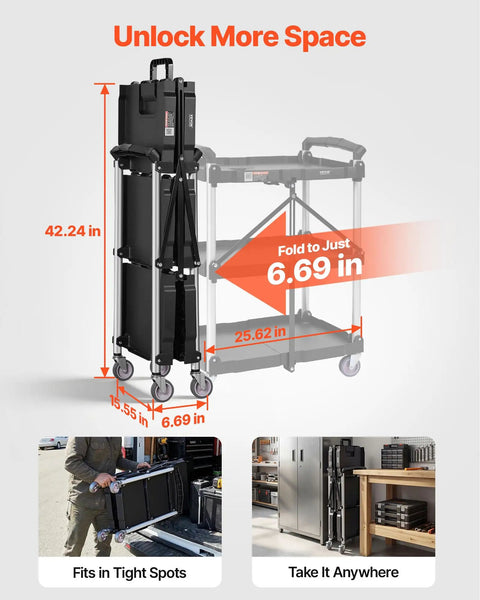 Foldable Utility Service Cart With 3 Shelves Heavy Duty Plastic Rolling Cart Holds 165 Lbs, shown folded with dimensions