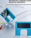 Magnetic Cabinet Door Hinge Jig Kit with Adjustable Scale and Spacer for Quick No Drill Installation shown on table.