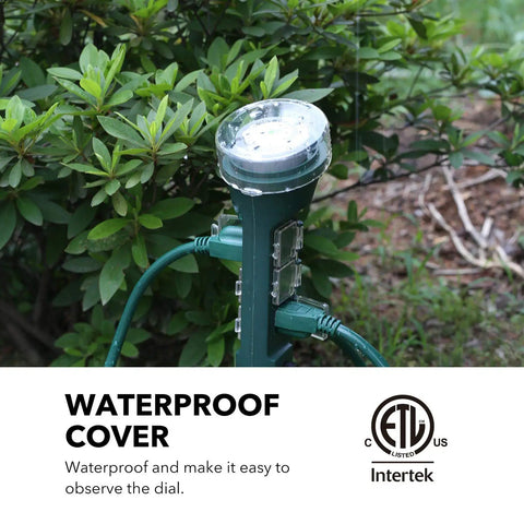Heavy Duty Outdoor Power Stake Timer With Six Grounded Outlets And Six Foot Cord Weatherproof Mechanical Dial For Yard Lights And Garden Sprinklers 1875 Watt Capacity showing waterproof cover and green design.