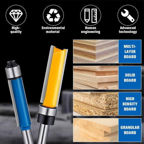 12 Piece Router Bit Set With 4 Flush Trim Bits, showing two trim bits and types of wood boards they can work on.