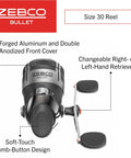 Bullet Spincast Reel And Fishing Rod Combo With 6 Foot 6 Inch IM8 Graphite Rod And MaxTac Grip, Changeable Right Or Left Hand Retrieve, 2 Piece Black Finish, featuring size 30 reel front view.